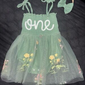 Green Tulle Dress with Floral Embroidery